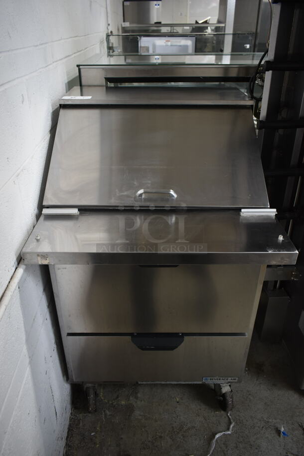 Beverage Air SPED27HC-12M-B Stainless Steel Commercial Sandwich Salad Prep Table Bain Marie Mega Top w/ 2 Drawers on Commercial Casters. 115 Volts, 1 Phase. Tested and Powers On But Does Not Get Cold
 - Image 1 of 8