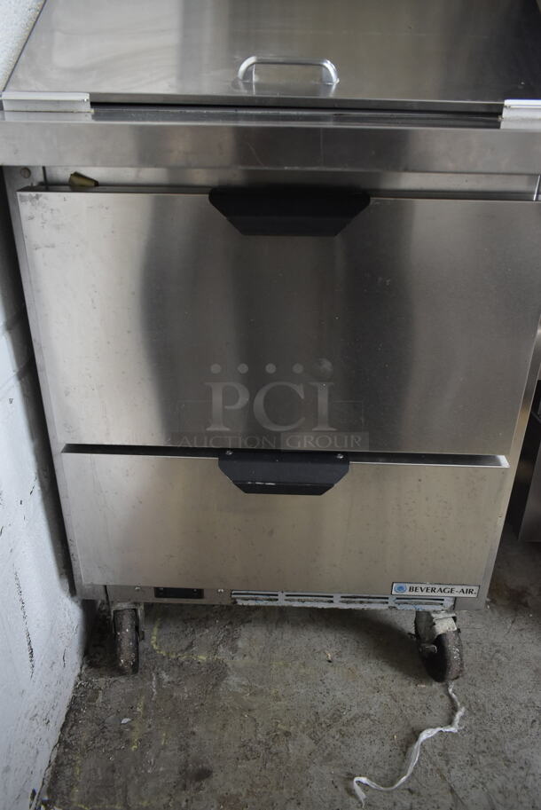 Beverage Air SPED27HC-12M-B Stainless Steel Commercial Sandwich Salad Prep Table Bain Marie Mega Top w/ 2 Drawers on Commercial Casters. 115 Volts, 1 Phase. Tested and Powers On But Does Not Get Cold
 - Image 2 of 8