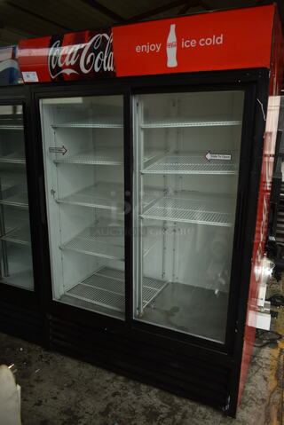 True GDM-45 Metal Commercial 2 Door Reach In Cooler Merchandiser w/ Poly Coated Racks. 115 Volts, 1 Phase. Tested and Working!