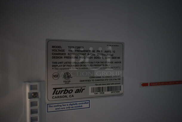 Turbo Air TGM-72RSB Metal Commercial 3 Door Reach In Cooler Merchandiser w/ Poly Coated Racks. 115 Volts, 1 Phase. Tested and Powers On But Does Not Get Cold
 - Image 6 of 8