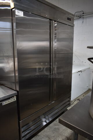 Summit SCRR490 Stainless Steel Commercial 2 Door Reach In Cooler w/ Poly Coated Racks on Commercial Casters. 115 Volts, 1 Phase. Tested and Powers On But Does Not Get Cold