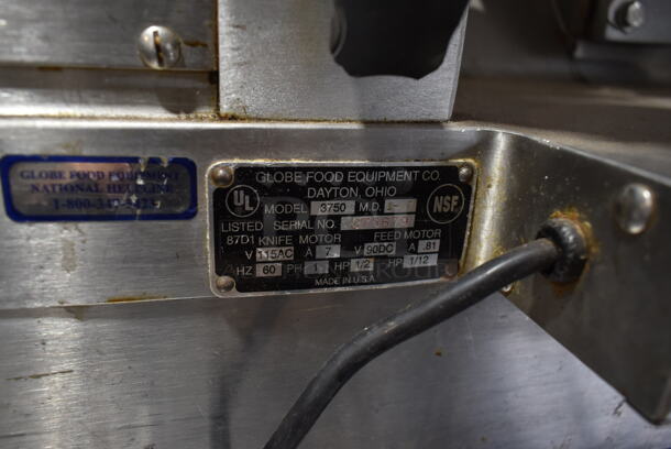 Globe 3750 Stainless Steel Commercial Countertop Automatic Meat Slicer w/ Blade Sharpener. 115 Volts, 1 Phase. Tested and Powers On But Parts Do Not Move - Image 8 of 8