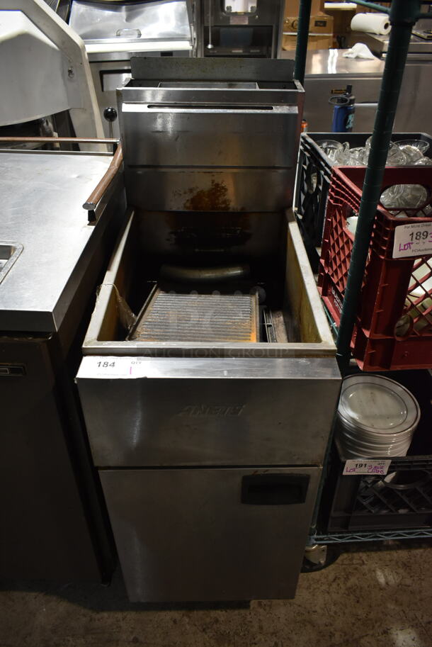 Anets SLG40 Stainless Steel Commercial Floor Style Propane Gas Powered Deep Fat Fryer. 90,000 BTU.  - Image 1 of 5