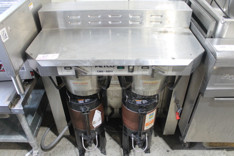 Fetco CBS-62H Stainless Steel Commercial Countertop Double Coffee Machine w/ Hot Water Dispenser, 2 Satellite Servers and 2 Metal Brew Baskets. 120/208-240 Volts, 1 Phase. 