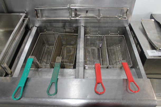 Frymaster FMPH250SC Stainless Steel Commercial Natural Gas Powered 2 Bay Fryer w/ Left Side Dumping Station, 4 Metal Fry Baskets and 3 Lids on Commercial Casters. 80,000 BTU.  - Image 4 of 11