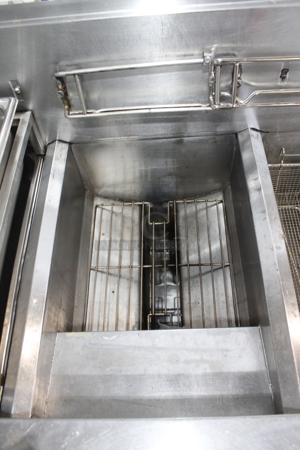 Frymaster FMPH250SC Stainless Steel Commercial Natural Gas Powered 2 Bay Fryer w/ Left Side Dumping Station, 4 Metal Fry Baskets and 3 Lids on Commercial Casters. 80,000 BTU.  - Image 5 of 11