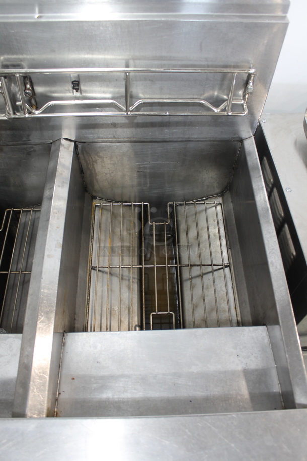 Frymaster FMPH250SC Stainless Steel Commercial Natural Gas Powered 2 Bay Fryer w/ Left Side Dumping Station, 4 Metal Fry Baskets and 3 Lids on Commercial Casters. 80,000 BTU.  - Image 6 of 11