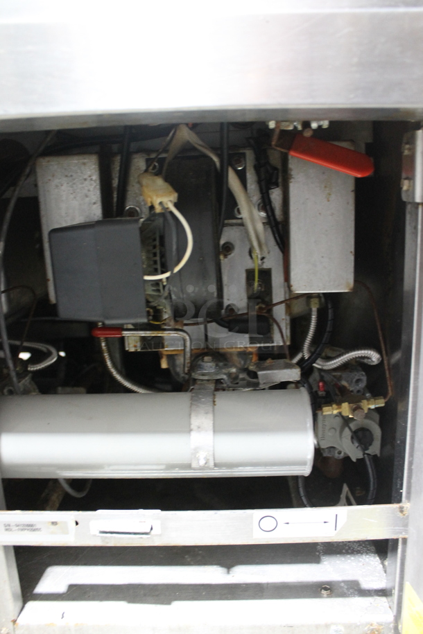 Frymaster FMPH250SC Stainless Steel Commercial Natural Gas Powered 2 Bay Fryer w/ Left Side Dumping Station, 4 Metal Fry Baskets and 3 Lids on Commercial Casters. 80,000 BTU.  - Image 7 of 11