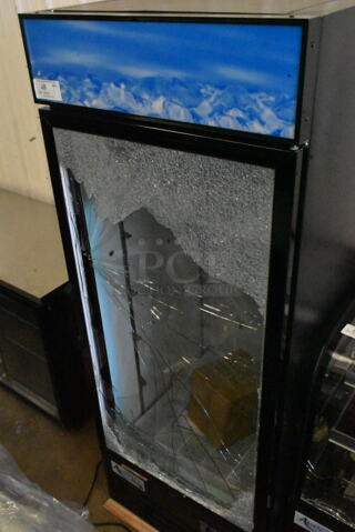 BRAND NEW SCRATCH AND DENT! 2022 Avantco 178GDC24FHCB Metal Commercial Single Door Reach In Cooler Merchandiser w/ Poly Coated Racks. See Pictures For Glass Damage. 115 Volts, 1 Phase. Tested and Working!