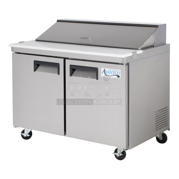 BRAND NEW SCRATCH AND DENT! 2024 Avantco 178APT48HC Stainless Steel Commercial Sandwich Salad Prep Table Bain Marie Mega Top on Commercial Casters. 115 Volts, 1 Phase. Tested and Working! - Image 1 of 8