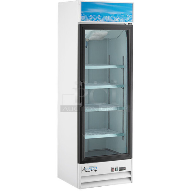 BRAND NEW SCRATCH AND DENT! 2023 Avantco 178GDC15HCW 25 5/8" White Swing Glass Door Merchandiser Refrigerator with LED Lighting. 115 Volts, 1 Phase. Tested and Working! - Image 1 of 5