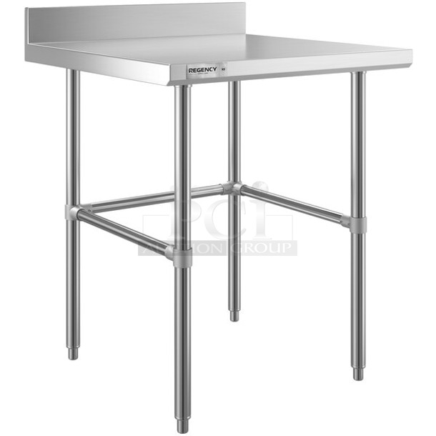 BRAND NEW SCRATCH AND DENT! Regency 600WTS30X30B  Spec Line 30" x 30" 14-Gauge 304 Stainless Steel Commercial Open Base Work Table with 4" Backsplash - Image 1 of 3