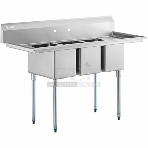BRAND NEW SCRATCH AND DENT! Regency 600S31220212 64" 16-Gauge Stainless Steel Three Compartment Commercial Sink with Galvanized Steel Legs and 2 Drainboards - 12" x 20" x 12" Bowls - Image 1 of 4
