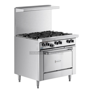 BRAND NEW SCRATCH AND DENT! 2022 Garland G36-6C Stainless Steel Commercial Propane Gas Powered 6 Burner Range w/ Convection Oven and Back Splash.