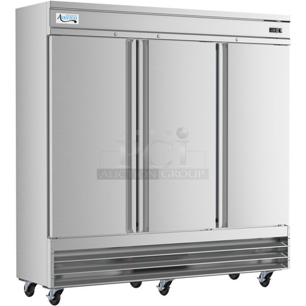 BRAND NEW SCRATCH AND DENT! 2023 Avantco 178SS3FHC Stainless Steel Commercial 3 Door Reach In Freezer on Commercial Casters. 115 Volts, 1 Phase. Tested and Working! - Image 1 of 7