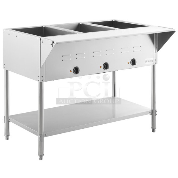 BRAND NEW SCRATCH AND DENT! 2023 Avantco 177STE3S Stainless Steel Commercial Electric Powered 3 Bay Steam Table. 120 Volts, 1 Phase. Tested and Working! - Image 1 of 6