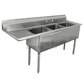 BRAND NEW SCRATCH AND DENT! Regency 600S3162018L Stainless Steel 3 Bay Sink w/ Left Side Drain Board. No Legs. 