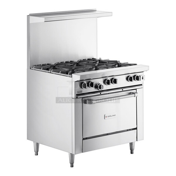BRAND NEW SCRATCH AND DENT! 2022 Garland G36-6C Stainless Steel Commercial Propane Gas Powered 6 Burner Range w/ Oven, Over Shelf and Back Splash.  - Image 1 of 5