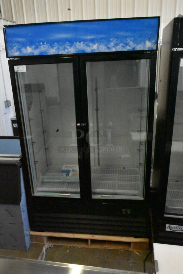 BRAND NEW SCRATCH AND DENT! 2023 Avantco 178GDC40HCB Metal Commercial 2 Door Reach In Cooler Merchandiser w/ Poly Coated Racks. See Pictures For Dent on Side. 115 Volts, 1 Phase. Tested and Working! - Image 2 of 5