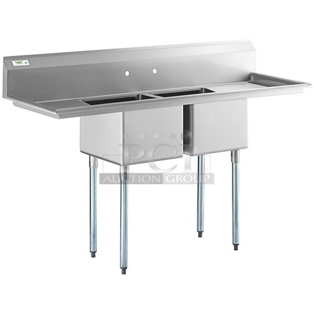 BRAND NEW SCRATCH AND DENT! Regency 600S21717218 Stainless Steel Commercial 2 Bay Sink w/ Dual Drain boards. Bays 17x17x12. Drain Boards 16.5x18.5. No Legs.  - Image 1 of 4