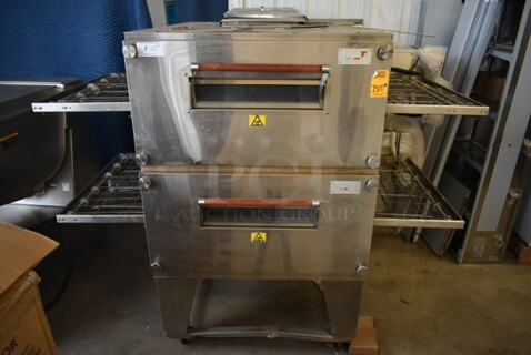 2 2017 XLT 3240B-EL-S4173 Stainless Steel Commercial Electric Powered Conveyor Pizza Ovens on Commercial Casters. 480 Volts, 3 Phase. 2 Times Your Bid!
