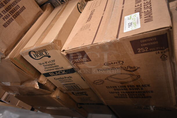 PALLET LOT of 23 BRAND NEW SCRATCH AND DENT! Boxes Including 2 Box 130SLWG12C Choice 12 oz. Light Weight Clear Plastic Stemless Wine Glass - 64/Case, 3 Box 129MCS16B Choice 16 oz. Black 8" x 5 1/4" x 1 1/2" Rectangular Microwavable Heavy Weight Container with Lid - 150/Case, 2 Box 129MCS12B Choice 12 oz. Black 6" x 4 3/4" x 1 3/4" Rectangular Microwavable Heavy Weight Container with Lid - 150/Case, C2464BDL Dart PresentaBowls Pro Clear Square Lid for 24, 32, 48, and 64 oz. Square Plastic Bowls - 252/Case, 00210 Bell Aire Center Fold Towels. 23 Times Your Bid! - Image 4 of 8