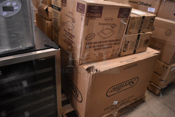 PALLET LOT of 23 BRAND NEW SCRATCH AND DENT! Boxes Including 2 Box 130SLWG12C Choice 12 oz. Light Weight Clear Plastic Stemless Wine Glass - 64/Case, 3 Box 129MCS16B Choice 16 oz. Black 8" x 5 1/4" x 1 1/2" Rectangular Microwavable Heavy Weight Container with Lid - 150/Case, 2 Box 129MCS12B Choice 12 oz. Black 6" x 4 3/4" x 1 3/4" Rectangular Microwavable Heavy Weight Container with Lid - 150/Case, C2464BDL Dart PresentaBowls Pro Clear Square Lid for 24, 32, 48, and 64 oz. Square Plastic Bowls - 252/Case, 00210 Bell Aire Center Fold Towels. 23 Times Your Bid! - Image 5 of 8