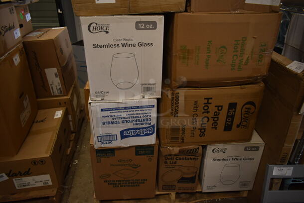 PALLET LOT of 23 BRAND NEW SCRATCH AND DENT! Boxes Including 2 Box 130SLWG12C Choice 12 oz. Light Weight Clear Plastic Stemless Wine Glass - 64/Case, 3 Box 129MCS16B Choice 16 oz. Black 8" x 5 1/4" x 1 1/2" Rectangular Microwavable Heavy Weight Container with Lid - 150/Case, 2 Box 129MCS12B Choice 12 oz. Black 6" x 4 3/4" x 1 3/4" Rectangular Microwavable Heavy Weight Container with Lid - 150/Case, C2464BDL Dart PresentaBowls Pro Clear Square Lid for 24, 32, 48, and 64 oz. Square Plastic Bowls - 252/Case, 00210 Bell Aire Center Fold Towels. 23 Times Your Bid! - Image 6 of 8