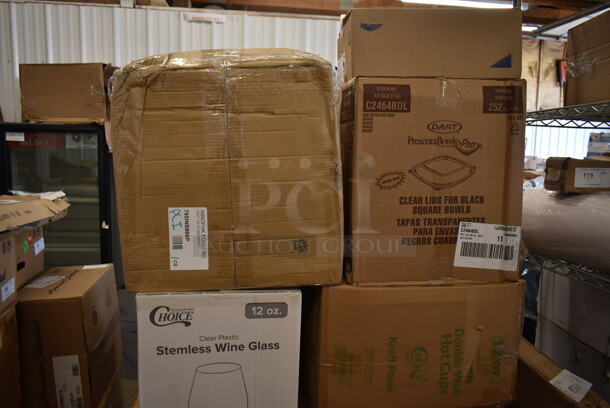 PALLET LOT of 23 BRAND NEW SCRATCH AND DENT! Boxes Including 2 Box 130SLWG12C Choice 12 oz. Light Weight Clear Plastic Stemless Wine Glass - 64/Case, 3 Box 129MCS16B Choice 16 oz. Black 8" x 5 1/4" x 1 1/2" Rectangular Microwavable Heavy Weight Container with Lid - 150/Case, 2 Box 129MCS12B Choice 12 oz. Black 6" x 4 3/4" x 1 3/4" Rectangular Microwavable Heavy Weight Container with Lid - 150/Case, C2464BDL Dart PresentaBowls Pro Clear Square Lid for 24, 32, 48, and 64 oz. Square Plastic Bowls - 252/Case, 00210 Bell Aire Center Fold Towels. 23 Times Your Bid! - Image 8 of 8