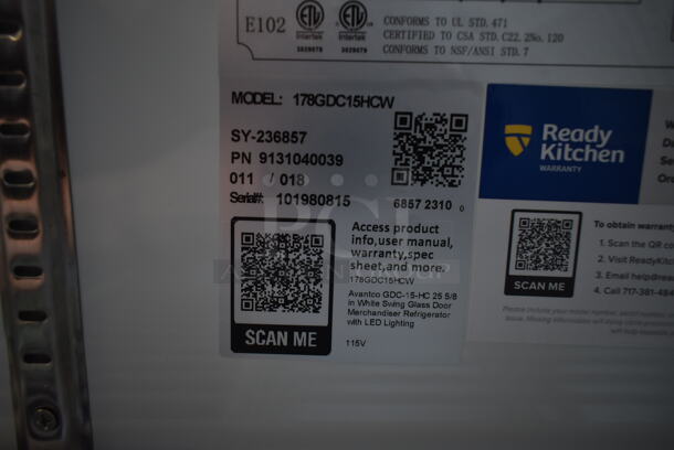 BRAND NEW SCRATCH AND DENT! 2023 Avantco 178GDC15HCW 25 5/8" White Swing Glass Door Merchandiser Refrigerator with LED Lighting. 115 Volts, 1 Phase. Tested and Working! - Image 3 of 5