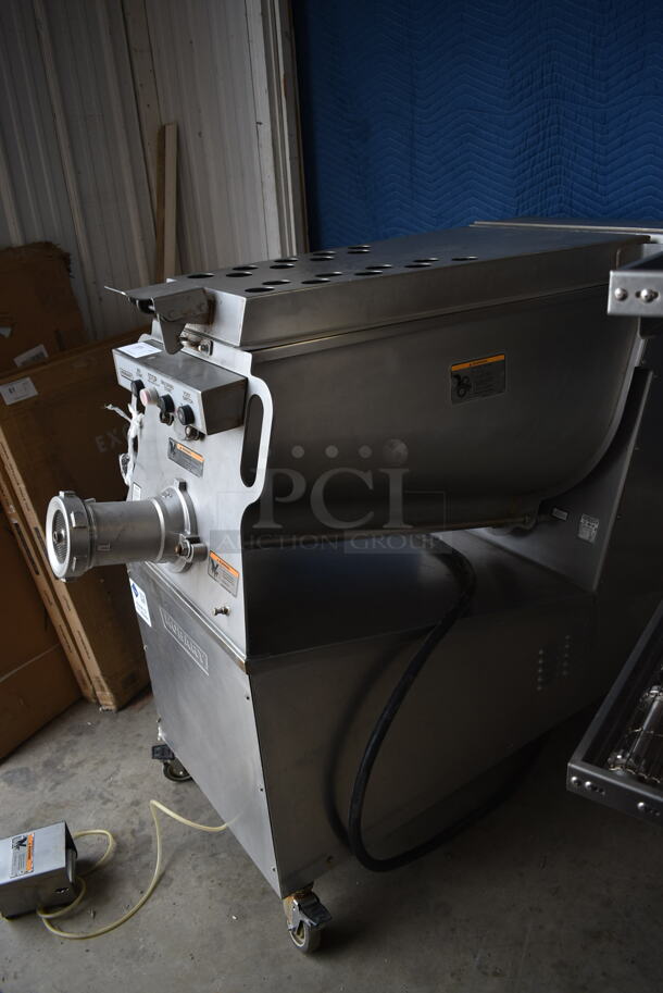 2014 Hobart MG2032 Metal Commercial Floor Style Electric Powered Meat Mixer Grinder w/ Foot Pedal on Commercial Casters. 208 Volts, 3 Phase. Tested and Working! - Image 2 of 9
