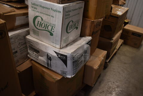 PALLET LOT of 27 BRAND NEW Boxes Including PP2464BDL Dart Presenta/Bowls Pro Vented Clear Square Lid, 128HD8COMBO ChoiceHD 8 oz. Microwavable Translucent Plastic Deli Container and Lid Combo Pack - 240/Case, 50012W Choice 12 oz. White Poly Paper Hot Cup - 1000/Case, 712USTPDSS Lavex Multiroll Toilet Tissue Dispenser, 966TALLFLDB Choice White Tall-Fold 6" x 13" Dispenser Napkin - 8000/Case, 500CC10 Choice 10 oz. Clear PET Plastic Cold Cup - 1000/Case, Ripple Wall Hot Cups, Choice 32 oz Deli Container and Lid, 347SLCF9 Visions Heavy Weight Clear Plastic Stemless Champagne Flute. 27 Times Your Bid!