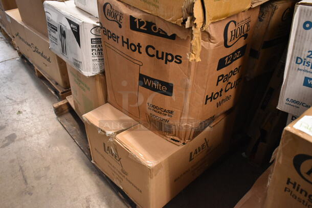 PALLET LOT of 27 BRAND NEW Boxes Including PP2464BDL Dart Presenta/Bowls Pro Vented Clear Square Lid, 128HD8COMBO ChoiceHD 8 oz. Microwavable Translucent Plastic Deli Container and Lid Combo Pack - 240/Case, 50012W Choice 12 oz. White Poly Paper Hot Cup - 1000/Case, 712USTPDSS Lavex Multiroll Toilet Tissue Dispenser, 966TALLFLDB Choice White Tall-Fold 6" x 13" Dispenser Napkin - 8000/Case, 500CC10 Choice 10 oz. Clear PET Plastic Cold Cup - 1000/Case, Ripple Wall Hot Cups, Choice 32 oz Deli Container and Lid, 347SLCF9 Visions Heavy Weight Clear Plastic Stemless Champagne Flute. 27 Times Your Bid! - Image 3 of 9