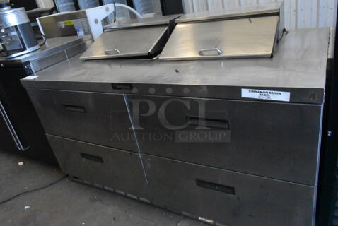 Delfield Stainless Steel Commercial Sandwich Salad Prep Table Bain Marie Mega Top w/ 4 Drawers. 115 Volts, 1 Phase. Tested and Powers On But Does Not Get Cold