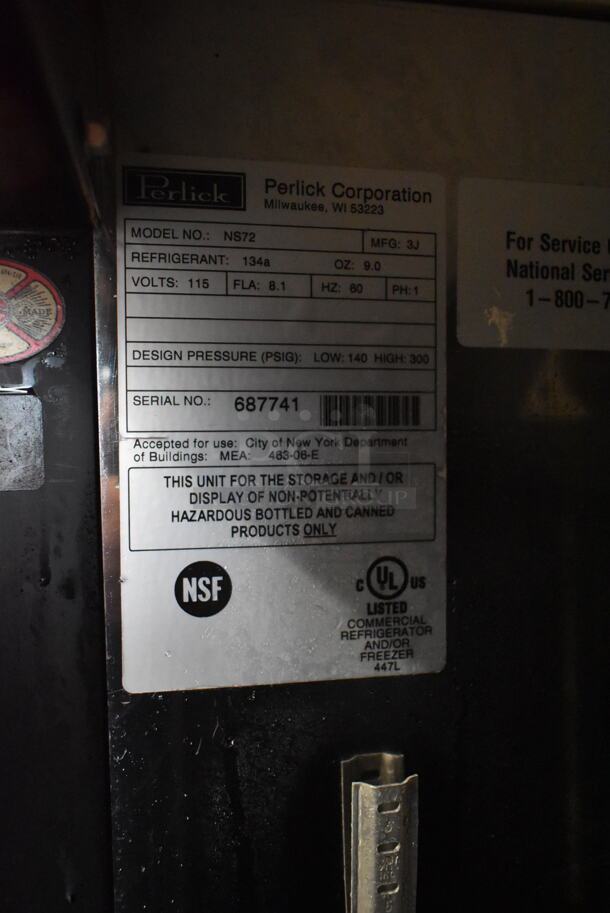Perlick NS72 Metal Commercial 3 Door Back Bar Cooler on Commercial Casters. 115 Volts, 1 Phase. Tested and Powers On But Does Not Get Cold - Image 7 of 7