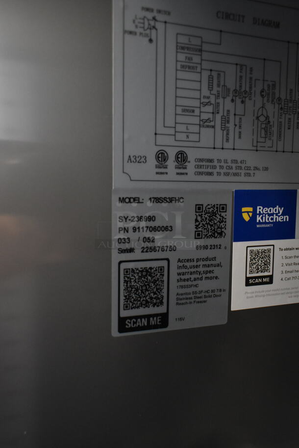BRAND NEW SCRATCH AND DENT! 2023 Avantco 178SS3FHC Stainless Steel Commercial 3 Door Reach In Freezer on Commercial Casters. 115 Volts, 1 Phase. Tested and Working! - Image 7 of 7