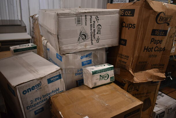 PALLET LOT of 19 BRAND NEW! Boxes Including 245WEDGEPZZA Choice White Clay Coated Clamshell Pizza Slice Box, OneUp 2 Ply Interfold Dispenser Napkins, 50016W Choice White Poly Paper Hot Cup, Choice Hinged To Go Containers. 19 Times Your Bid! - Image 2 of 5