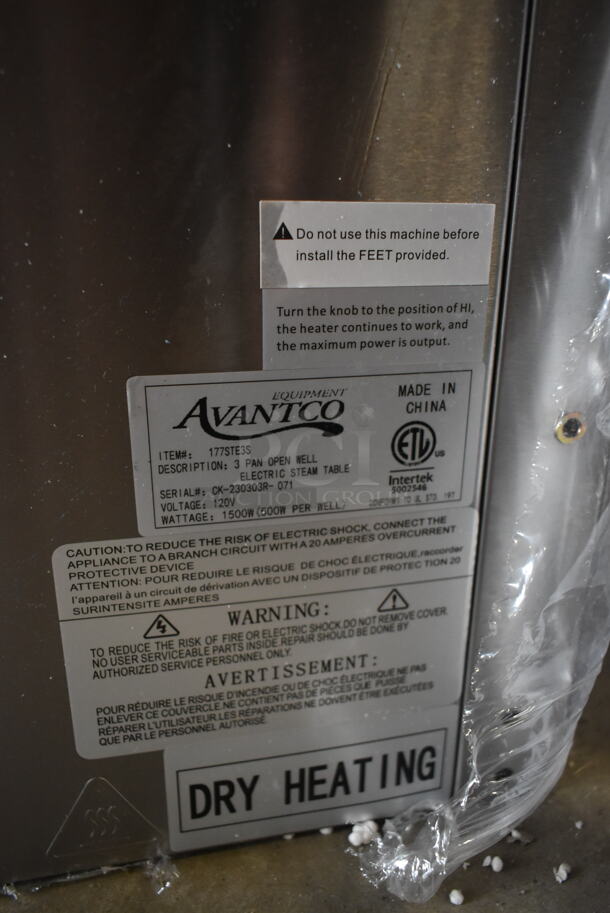 BRAND NEW SCRATCH AND DENT! 2023 Avantco 177STE3S Stainless Steel Commercial Electric Powered 3 Bay Steam Table. 120 Volts, 1 Phase. Tested and Working! - Image 6 of 6