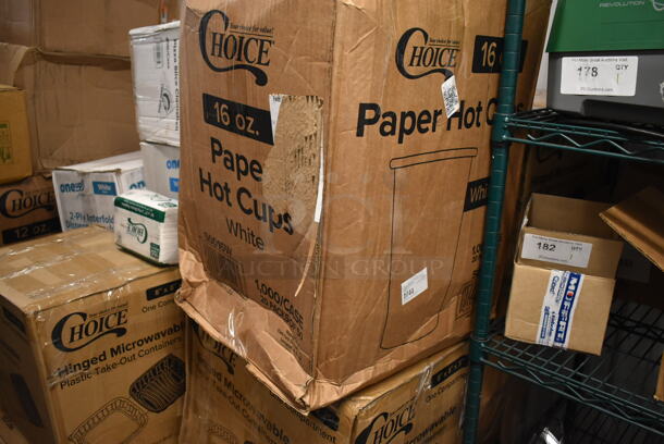 PALLET LOT of 19 BRAND NEW! Boxes Including 245WEDGEPZZA Choice White Clay Coated Clamshell Pizza Slice Box, OneUp 2 Ply Interfold Dispenser Napkins, 50016W Choice White Poly Paper Hot Cup, Choice Hinged To Go Containers. 19 Times Your Bid! - Image 4 of 5