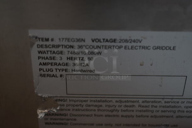 BRAND NEW SCRATCH AND DENT! Avantco 177EG36N Stainless Steel Commercial Countertop Electric Powered Flat Top Griddle. 208/240 Volts, 3 Phase.  - Image 7 of 7