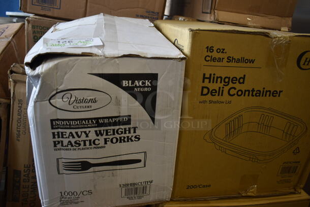 PALLET LOT of 22 BRAND NEW SCRATCH AND DENT! Boxes Including 50HT1 Dart 50HT1 5" x 5" x 3" White Foam Hinged Lid Container - 500/Case, 500CFT Lavex White C-Fold Standard Weight Towel - 2400/Case, 130HBKCUTFW Visions Individually Wrapped Black Heavy Weight Plastic Fork - 1000/Case, 127CH16S Choice 16 oz. Clear RPET Shallow Hinged Deli Container - 200/Case, 382PM13KETTLE Carnival King 12 oz. Kettle for PM1360, 127CH16S Choice 16 oz. Clear RPET Shallow Hinged Deli Container - 200/Case, Smooth Double Wall Hot Cups, Choice #4 Paper Food Containers, 472WC100T Buckeye 6 Liter Class K Wet Chemical Fire Extinguisher Tagged - Rechargeable UL Rating 1A:K, 130WKFSNSPH Visions Individually Wrapped Heavy Weight White Plastic Cutlery Pack with Napkin and Salt and Pepper Packets - 500/Case, 500CC16 Choice Clear PET Customizable Plastic Cold Cup - 16 oz. - 1000/Case, 129MCR24B Choice 24 oz. Black Round Microwavable Heavy Weight Container with Lid 7 1/4" - 150/Case.. 22 Times Your Bid! - Image 4 of 12