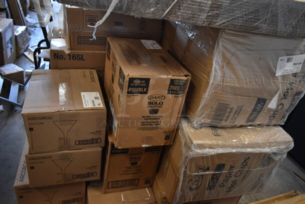 PALLET LOT of 19 BRAND NEW SCRATCH AND DENT! Boxes Including 2 Box of 50010W Choice 10 oz. White Poly Paper Hot Cup - 1000/Case, 2 Box P150BLK Solo 1.5 oz. Black Polystyrene Souffle / Portion Cup - 2500/Case, 3 Arcoroc V4025 Romeo Martini Glasses, Creative Converting 28103981 16 oz. Bermuda Blue Plastic Cup - 20/Pack, 2 Box 760IC08P Choice 8 oz. Pink Paper Frozen Yogurt / Food Cup - 1000/Case. 19 Times Your Bid! - Image 1 of 9