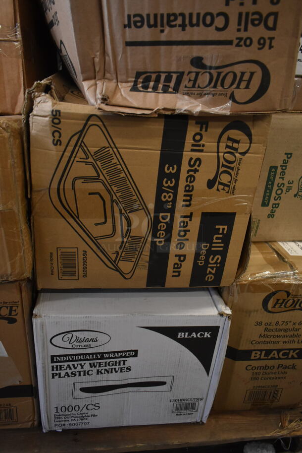 PALLET LOT of 35 BRAND NEW SCRATCH AND DENT! Boxes Including 17610STPNLGN Choice 10 oz. Green SAN Plastic Paneled Tumbler - 12/Pack, 966UPWIDEKFT OneUp by Choice Kraft 2- Ply Wide Interfold, 485CUP424 Choice 4 Cup Handled 12-24 oz. Drink Carrier - 200/Case, 600HSSP14LR Regency 14" x 10" Left and Right Stainless Steel Hand Sink Splash Kit, B32SB Dart B32SB PresentaBowls Pro 32 oz. Black Square, 2 Box 5013339 Lavex Lil Hero Low Density Medium Duty BlashTrash Bag Can Liner, 128HD16COMBO ChoiceHD 16 oz. Microwavable Translucent Plastic, 612605070 Choice Full Size Foil Steam Table Pan Deep 3 3/8" Depth- Full Sie Deep - 50/ Case, 130HBKCUTKW Visions Individually Wrapped Black Heavy Weight Plastic Knife - 1000/Case, 433BR3BGC Choice 3 lb. Natural Kraft Paper Bag - 500/Case, 129MCS38B Choice 38 oz. Black Rectangular Microwavable Heavy Weight Container with Lid 8 3/4" x 6 1/4" x 2" - 150/Case, 2 Box Choice 16 oz Deli Containers, HPM236108K Element Assy 208v, 5005DNAPFLTE Choice Touchstone 14" x 14" White Linen-Feel Flat-Packed Dinner Napkin - 1000/Case. 35 Times Your Bid! - Image 7 of 12