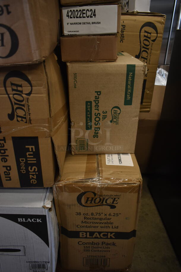 PALLET LOT of 35 BRAND NEW SCRATCH AND DENT! Boxes Including 17610STPNLGN Choice 10 oz. Green SAN Plastic Paneled Tumbler - 12/Pack, 966UPWIDEKFT OneUp by Choice Kraft 2- Ply Wide Interfold, 485CUP424 Choice 4 Cup Handled 12-24 oz. Drink Carrier - 200/Case, 600HSSP14LR Regency 14" x 10" Left and Right Stainless Steel Hand Sink Splash Kit, B32SB Dart B32SB PresentaBowls Pro 32 oz. Black Square, 2 Box 5013339 Lavex Lil Hero Low Density Medium Duty BlashTrash Bag Can Liner, 128HD16COMBO ChoiceHD 16 oz. Microwavable Translucent Plastic, 612605070 Choice Full Size Foil Steam Table Pan Deep 3 3/8" Depth- Full Sie Deep - 50/ Case, 130HBKCUTKW Visions Individually Wrapped Black Heavy Weight Plastic Knife - 1000/Case, 433BR3BGC Choice 3 lb. Natural Kraft Paper Bag - 500/Case, 129MCS38B Choice 38 oz. Black Rectangular Microwavable Heavy Weight Container with Lid 8 3/4" x 6 1/4" x 2" - 150/Case, 2 Box Choice 16 oz Deli Containers, HPM236108K Element Assy 208v, 5005DNAPFLTE Choice Touchstone 14" x 14" White Linen-Feel Flat-Packed Dinner Napkin - 1000/Case. 35 Times Your Bid! - Image 8 of 12