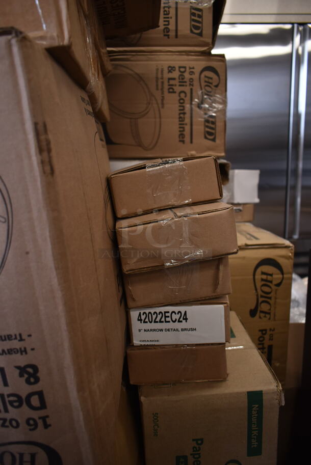 PALLET LOT of 35 BRAND NEW SCRATCH AND DENT! Boxes Including 17610STPNLGN Choice 10 oz. Green SAN Plastic Paneled Tumbler - 12/Pack, 966UPWIDEKFT OneUp by Choice Kraft 2- Ply Wide Interfold, 485CUP424 Choice 4 Cup Handled 12-24 oz. Drink Carrier - 200/Case, 600HSSP14LR Regency 14" x 10" Left and Right Stainless Steel Hand Sink Splash Kit, B32SB Dart B32SB PresentaBowls Pro 32 oz. Black Square, 2 Box 5013339 Lavex Lil Hero Low Density Medium Duty BlashTrash Bag Can Liner, 128HD16COMBO ChoiceHD 16 oz. Microwavable Translucent Plastic, 612605070 Choice Full Size Foil Steam Table Pan Deep 3 3/8" Depth- Full Sie Deep - 50/ Case, 130HBKCUTKW Visions Individually Wrapped Black Heavy Weight Plastic Knife - 1000/Case, 433BR3BGC Choice 3 lb. Natural Kraft Paper Bag - 500/Case, 129MCS38B Choice 38 oz. Black Rectangular Microwavable Heavy Weight Container with Lid 8 3/4" x 6 1/4" x 2" - 150/Case, 2 Box Choice 16 oz Deli Containers, HPM236108K Element Assy 208v, 5005DNAPFLTE Choice Touchstone 14" x 14" White Linen-Feel Flat-Packed Dinner Napkin - 1000/Case. 35 Times Your Bid! - Image 9 of 12