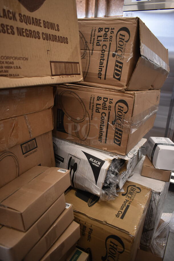 PALLET LOT of 35 BRAND NEW SCRATCH AND DENT! Boxes Including 17610STPNLGN Choice 10 oz. Green SAN Plastic Paneled Tumbler - 12/Pack, 966UPWIDEKFT OneUp by Choice Kraft 2- Ply Wide Interfold, 485CUP424 Choice 4 Cup Handled 12-24 oz. Drink Carrier - 200/Case, 600HSSP14LR Regency 14" x 10" Left and Right Stainless Steel Hand Sink Splash Kit, B32SB Dart B32SB PresentaBowls Pro 32 oz. Black Square, 2 Box 5013339 Lavex Lil Hero Low Density Medium Duty BlashTrash Bag Can Liner, 128HD16COMBO ChoiceHD 16 oz. Microwavable Translucent Plastic, 612605070 Choice Full Size Foil Steam Table Pan Deep 3 3/8" Depth- Full Sie Deep - 50/ Case, 130HBKCUTKW Visions Individually Wrapped Black Heavy Weight Plastic Knife - 1000/Case, 433BR3BGC Choice 3 lb. Natural Kraft Paper Bag - 500/Case, 129MCS38B Choice 38 oz. Black Rectangular Microwavable Heavy Weight Container with Lid 8 3/4" x 6 1/4" x 2" - 150/Case, 2 Box Choice 16 oz Deli Containers, HPM236108K Element Assy 208v, 5005DNAPFLTE Choice Touchstone 14" x 14" White Linen-Feel Flat-Packed Dinner Napkin - 1000/Case. 35 Times Your Bid! - Image 10 of 12