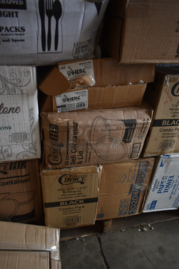 PALLET LOT of 35 BRAND NEW SCRATCH AND DENT! Boxes Including 17610STPNLGN Choice 10 oz. Green SAN Plastic Paneled Tumbler - 12/Pack, 966UPWIDEKFT OneUp by Choice Kraft 2- Ply Wide Interfold, 485CUP424 Choice 4 Cup Handled 12-24 oz. Drink Carrier - 200/Case, 600HSSP14LR Regency 14" x 10" Left and Right Stainless Steel Hand Sink Splash Kit, B32SB Dart B32SB PresentaBowls Pro 32 oz. Black Square, 2 Box 5013339 Lavex Lil Hero Low Density Medium Duty BlashTrash Bag Can Liner, 128HD16COMBO ChoiceHD 16 oz. Microwavable Translucent Plastic, 612605070 Choice Full Size Foil Steam Table Pan Deep 3 3/8" Depth- Full Sie Deep - 50/ Case, 130HBKCUTKW Visions Individually Wrapped Black Heavy Weight Plastic Knife - 1000/Case, 433BR3BGC Choice 3 lb. Natural Kraft Paper Bag - 500/Case, 129MCS38B Choice 38 oz. Black Rectangular Microwavable Heavy Weight Container with Lid 8 3/4" x 6 1/4" x 2" - 150/Case, 2 Box Choice 16 oz Deli Containers, HPM236108K Element Assy 208v, 5005DNAPFLTE Choice Touchstone 14" x 14" White Linen-Feel Flat-Packed Dinner Napkin - 1000/Case. 35 Times Your Bid! - Image 12 of 12