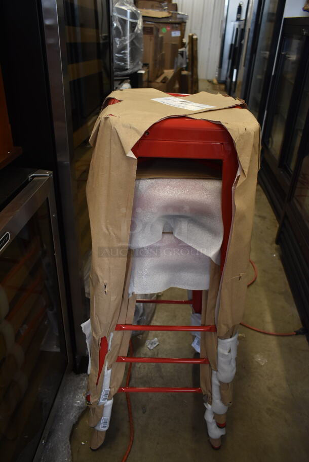 3 BRAND NEW SCRATCH AND DENT! Lancaster Table & Seating 164BMBKLSRED Alloy Series Ruby Red Outdoor Backless Barstool. 3 Times Your Bid! - Image 2 of 3
