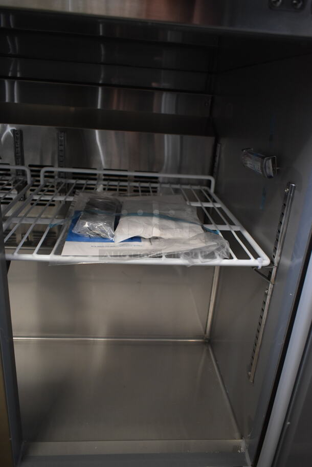 BRAND NEW SCRATCH AND DENT! 2023 Avantco 178SSWT36RHC Stainless Steel Commercial 2 Door Work Top Cooler on Commercial Casters. 115 Volts, 1 Phase. Tested and Working! - Image 7 of 8