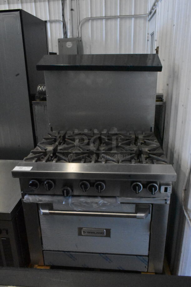 BRAND NEW SCRATCH AND DENT! 2022 Garland G36-6C Stainless Steel Commercial Propane Gas Powered 6 Burner Range w/ Oven, Over Shelf and Back Splash.  - Image 2 of 5